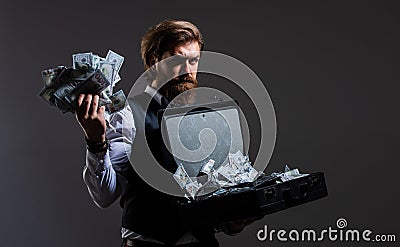 The happiest day. Saving dollar money. Billionaire. rich businessman with money bag. Luxury and success. lottery Stock Photo
