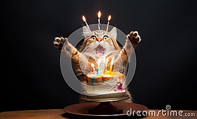 Happily surprised ginger cat with birthday cake and candles Stock Photo