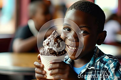 Happiness African Boy Eats Chocolate Ice Cream In Diner Stock Photo
