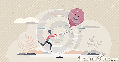 Happiness determination and female pursuit for happy time tiny person concept Vector Illustration