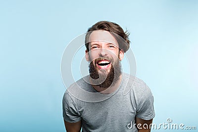 Happiness enjoyment laugh bearded man expression Stock Photo