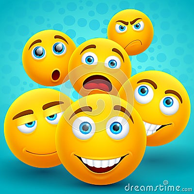 Happiness and friendship creative vector concept with yellow emoji icons Vector Illustration