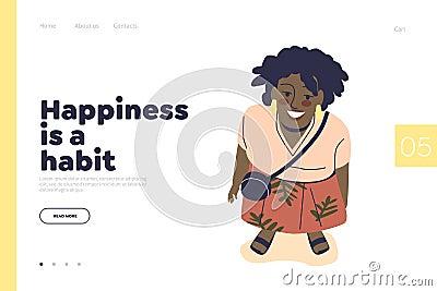 Happiness is habit concept of landing page with young beautiful african american woman looking up Vector Illustration