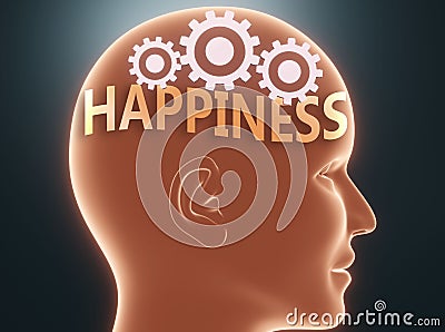 Happiness inside human mind - pictured as word Happiness inside a head with cogwheels to symbolize that Happiness is what people Cartoon Illustration