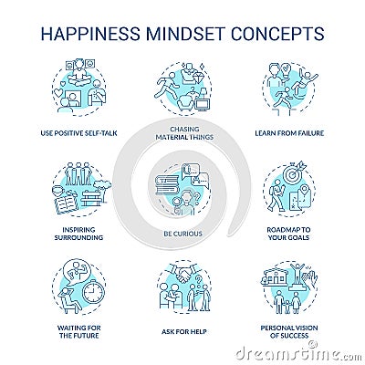 Happiness mindset blue concept icons set Vector Illustration