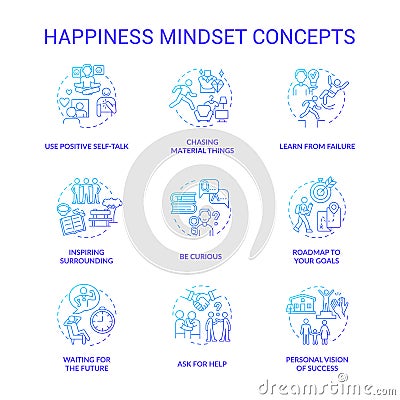 Happiness mindset blue gradient concept icons set Vector Illustration