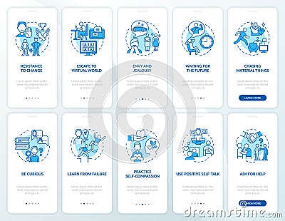 Happiness mindset blue onboarding mobile app page screen set Vector Illustration