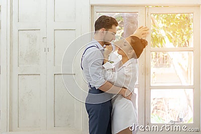 Happiness and romantic scene of love asian couples partners making eye contact Stock Photo