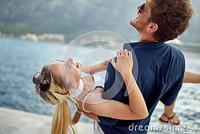 Happiness romantic summer vacation.Couple in love laughing Stock Photo