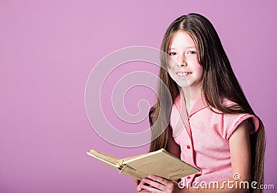 Happiness. small girl read interesting story. fiction book. keep her secrets in diary. book store concept. novel for Stock Photo