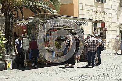 Rome, Lazio, Italy, June 15, 2023: Happiness in the Urban Bazaar: Diverse Crowd Engages in Busy Market Commerce Editorial Stock Photo
