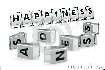 HAPPINESS word written on glossy blocks and fallen over blurry blocks with SADNESS letters, isolated on white background. Don`t Stock Photo