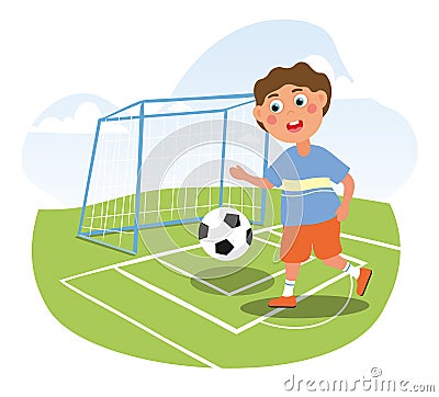 Happy active little boy playing football or soccer on the field Vector Illustration