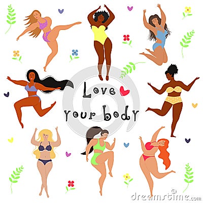 Happy active plus size girls with hearts, flowers and twigs. Love your body, body positive, feminism poster Vector Illustration