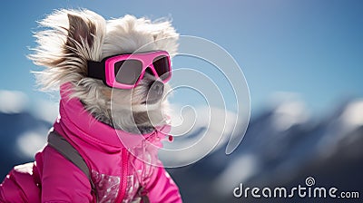 A happy, active, small, cheerful dog in a pink jacket and glasses runs through the snow overlooking a snowy landscape of Stock Photo