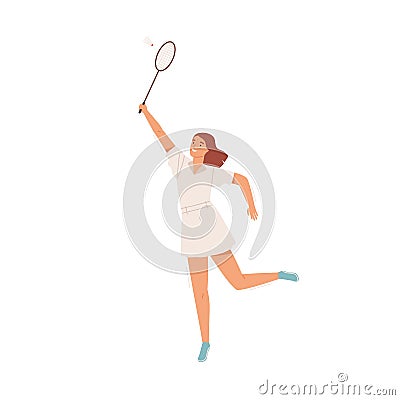 Happy active woman playing badminton vector flat illustration. Smiling female in sportswear holding racket hitting Vector Illustration