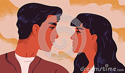 Happy adorable couple in love. Portrait of young man and woman looking at each other. Pair of romantic partners on date Vector Illustration