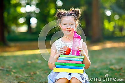 Happy adorable little kid girl reading book and holding different colorful books, apples and water bottle on first day Stock Photo