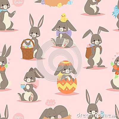 Happy adorable rabbit cartoon character cheerful mammal holiday art hare with basket and cute easter bunny with eggs Vector Illustration