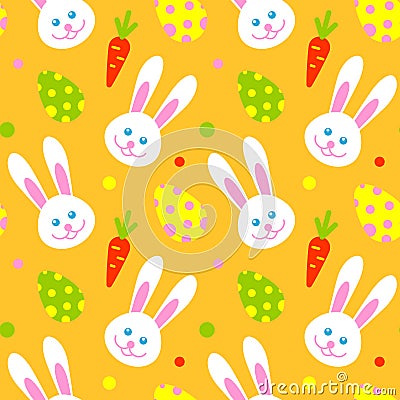 Happy adorable rabbit face cartoon character head mammal and easter eggs holiday seamless pattern Vector Illustration