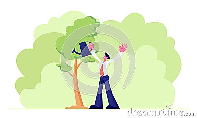 Happy Adult Business Man Character Wearing Formal Suit Watering Trees in Garden with Water Can. Life Cycle, Time Line and Growth Vector Illustration