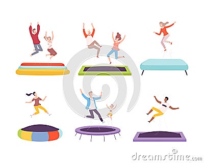 Happy adult people and children jumping on trampolines set flat vector illustration Vector Illustration