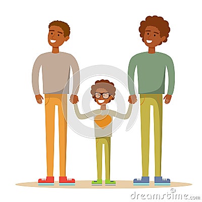 Happy Aframerican gay men posing with their child Vector Illustration