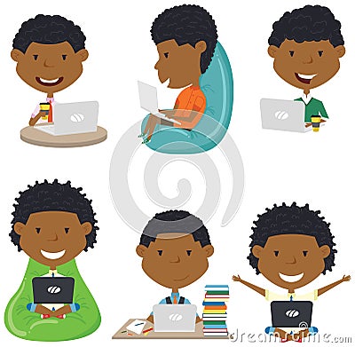 Happy African American boys with laptops. Vector Illustration