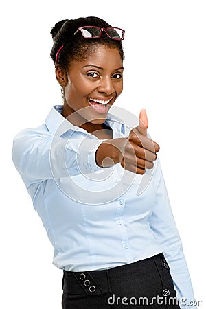 Happy African American businesswoman thumbs up isolated on white Stock Photo