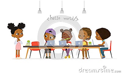 Happy African American children sitting at laptops and learning programming during school lesson. Coding for kids Vector Illustration