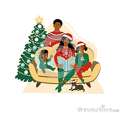 Happy african american family at Christmas sitting on the sofa. Parents with kids on the Christmas tree background. Happy people Vector Illustration