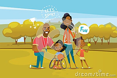 Happy African American family with disabled girl sitting in wheelchair and holding basketball ball. Concept of parents Vector Illustration