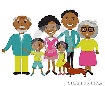 Happy African American family of four members: parents, their son and daughter. Lovely cartoon characters on nature sunny summer d Cartoon Illustration