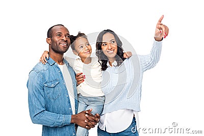 happy african american family pointing with finger and looking away Stock Photo