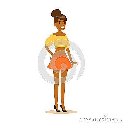 Happy African American girl in street fashion outfit. Colorful cartoon character vector Illustration Vector Illustration