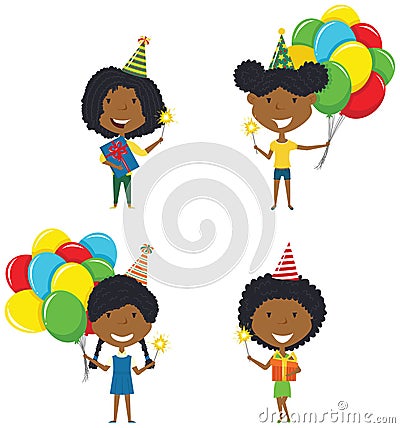 Happy African-American girls carrying colorful wrapped gift boxes, bright balloons and sparklers. Vector Illustration