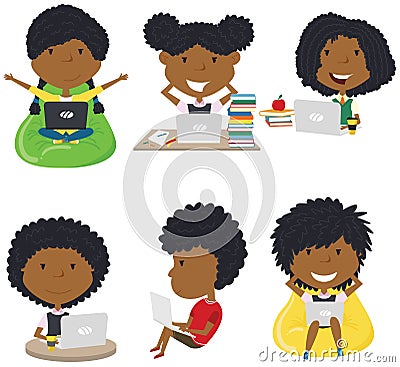 Happy African-American girls learn and do homework by computer Vector Illustration