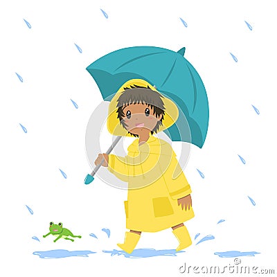 Happy African American Little Boy in Yellow Raincoat Holding an Umbrella Vector Vector Illustration