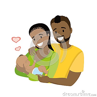 A happy african american married couple with a newborn baby, Vector Illustration