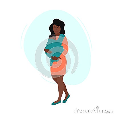 Happy african american woman with baby carrier. Mother holding newborn in sling. Child is wrapped in babycarrier and sleeping. Vector Illustration