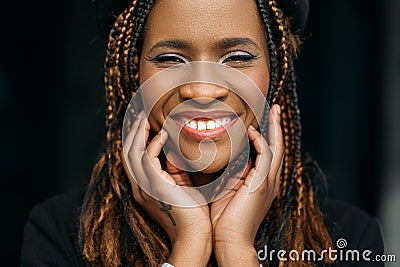 Happy African American woman. Dentist commercial Stock Photo