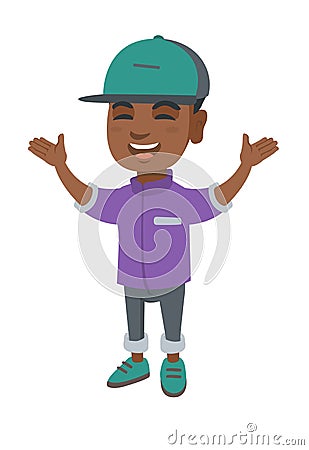 Happy african boy standing with raised hands. Vector Illustration