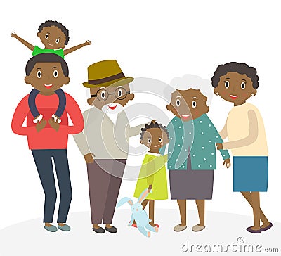 Happy african family portrait. Father and mother, son and daughter, grandparents in one picture together. Vector Illustration