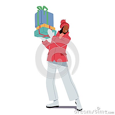 Happy African Female Character Receive Present. Woman with Big Wrapped Gift Box. Festive Event and Winter Holidays, Xmas Vector Illustration