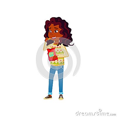 happy african girl kid eating chips cartoon vector Vector Illustration