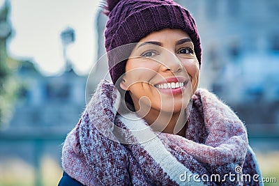 Happy african woman in winter Stock Photo