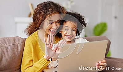 Happy afro american family mother and son having video call with family on laptop while spending time together at home Stock Photo