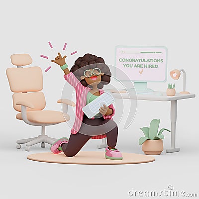 Happy afro american female shows rock sign. She got hired online to tompany Cartoon Illustration