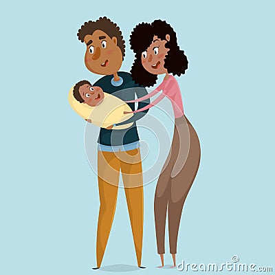 Happy afro american parents with baby. Funny cartoon characters. Vector Illustration