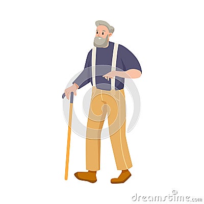 Happy Aged Gray-haired Man on Retirement Walking with Cane Vector Illustration Vector Illustration